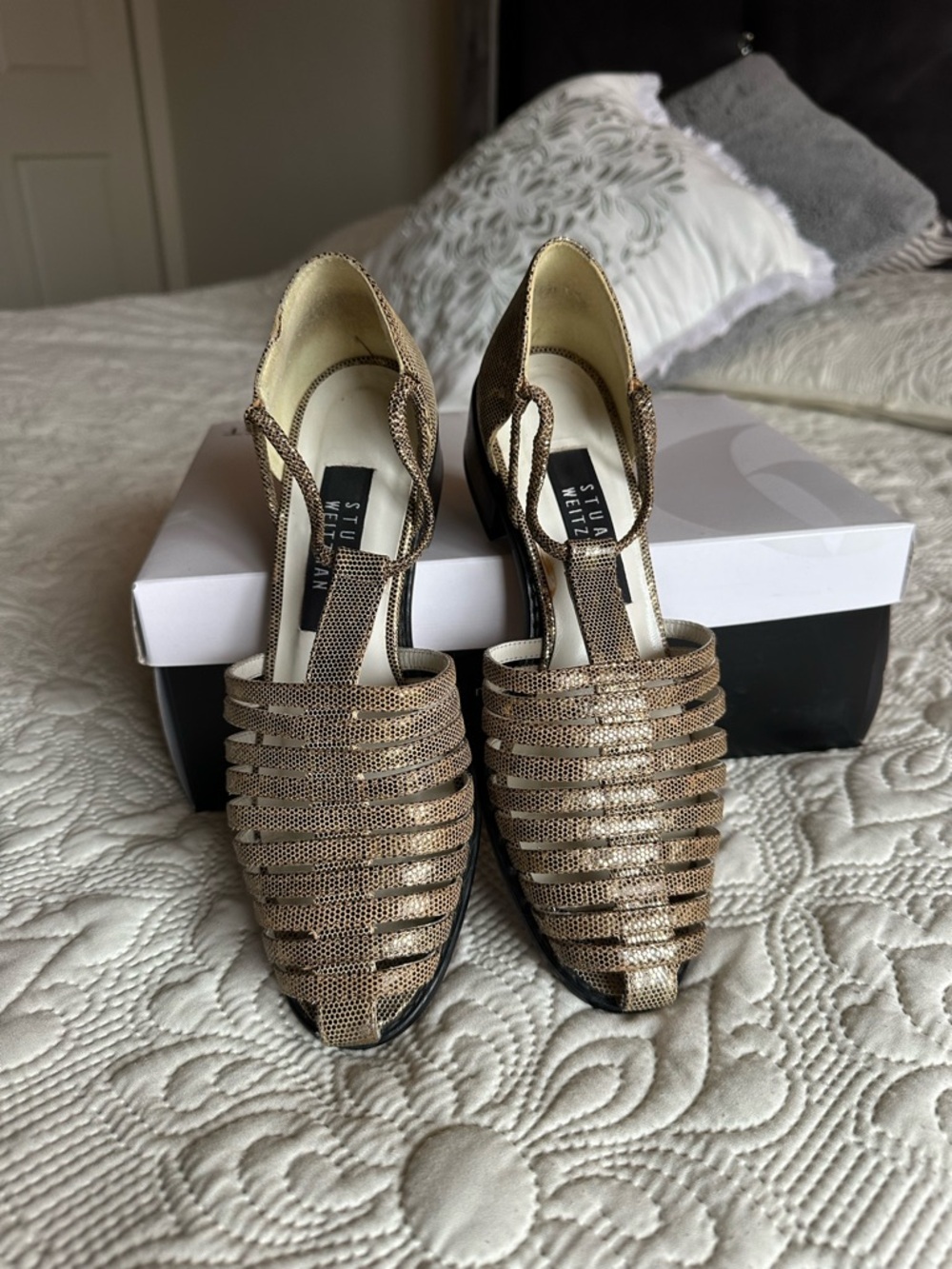 Stuart Weitzman Metallic Gold Woven T-Strap Mules